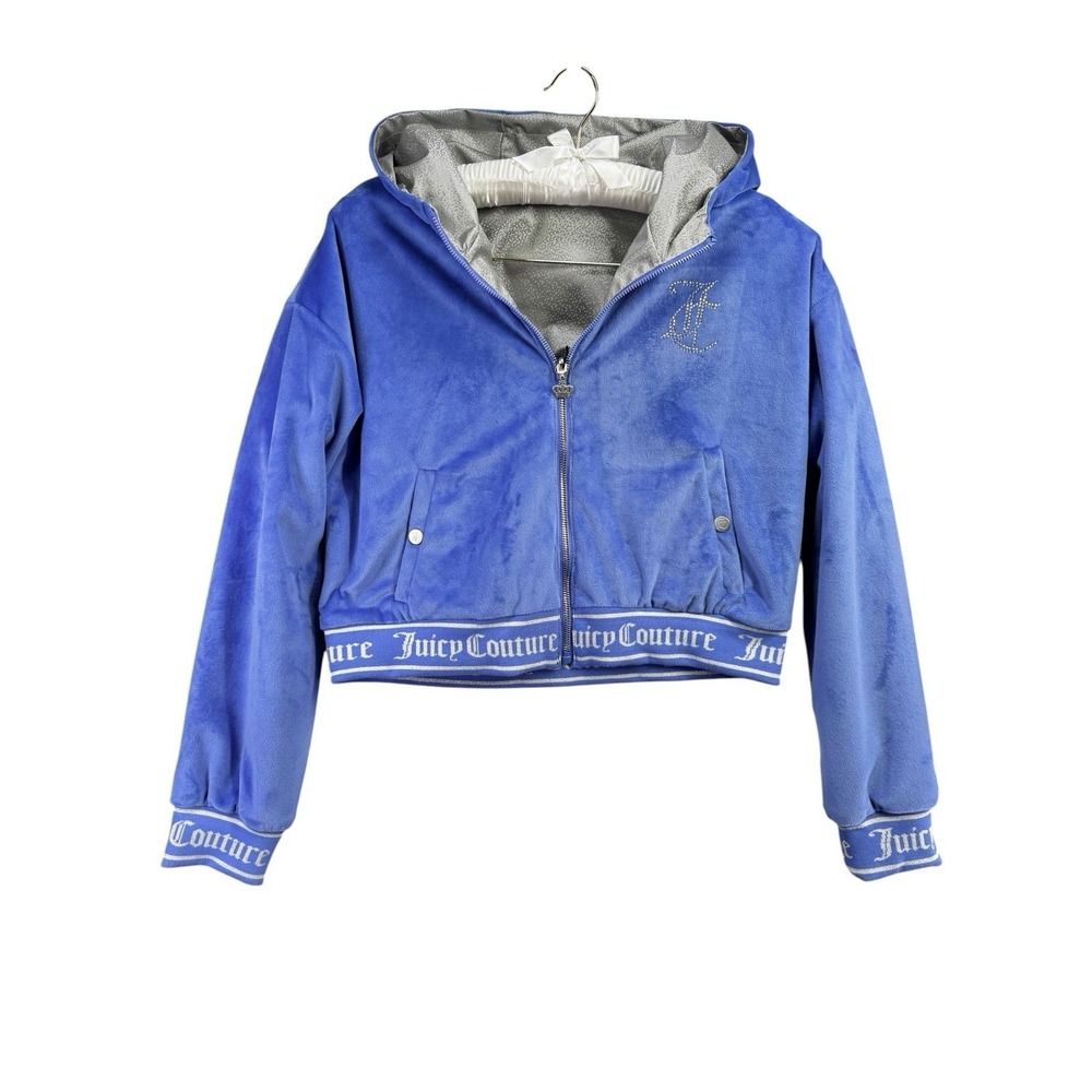 NWT Juicy Couture Reversible Velour Hoodie Jacket Blue Silver Cropped Zip Up Med